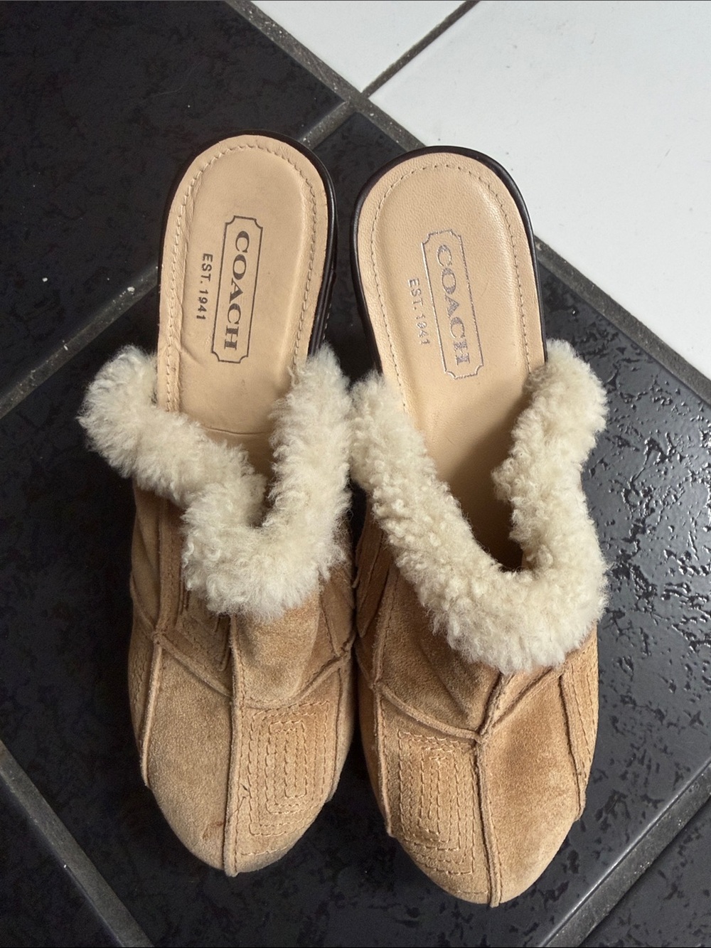 Coach Tan Suede Mule Slippers with Cream Shearling Trim